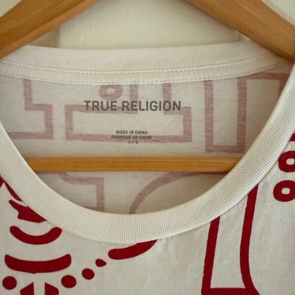 True Religion T-Shirt Mens Large White Red All Over Print Buddha Graphic Y2K - Picture 5 of 5